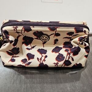 Tory Burch Cream Cosmetic Pouch with Navy and Rust Floral Print